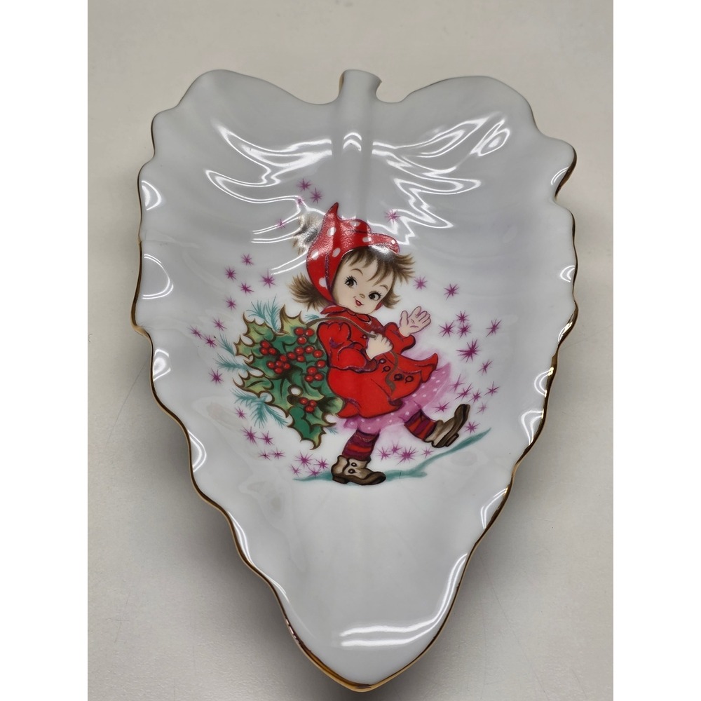 Vintage Lefton China Christmas Leaf Dish Hand Painted Girl Holly 443P Japan Gold - Picture 1 of 6
